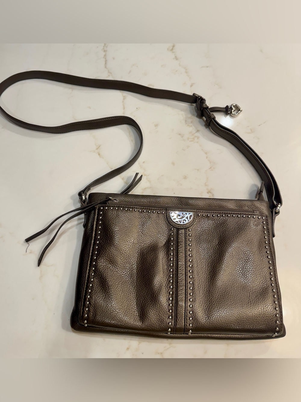 Brighton Royce Zinc Pearl Studded Leather Organizer Crossbody Bag